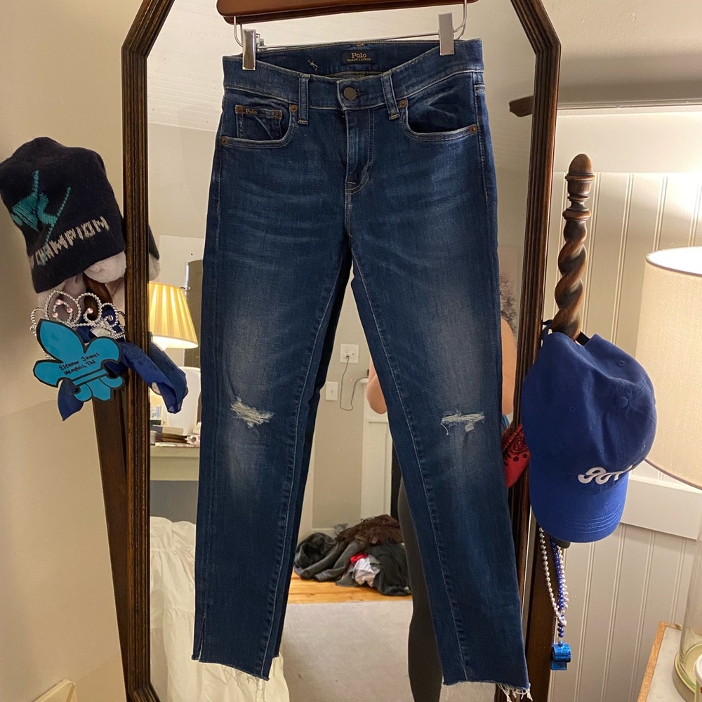 Ralph Lauren Polo dark wash skinny jeans rip @knee